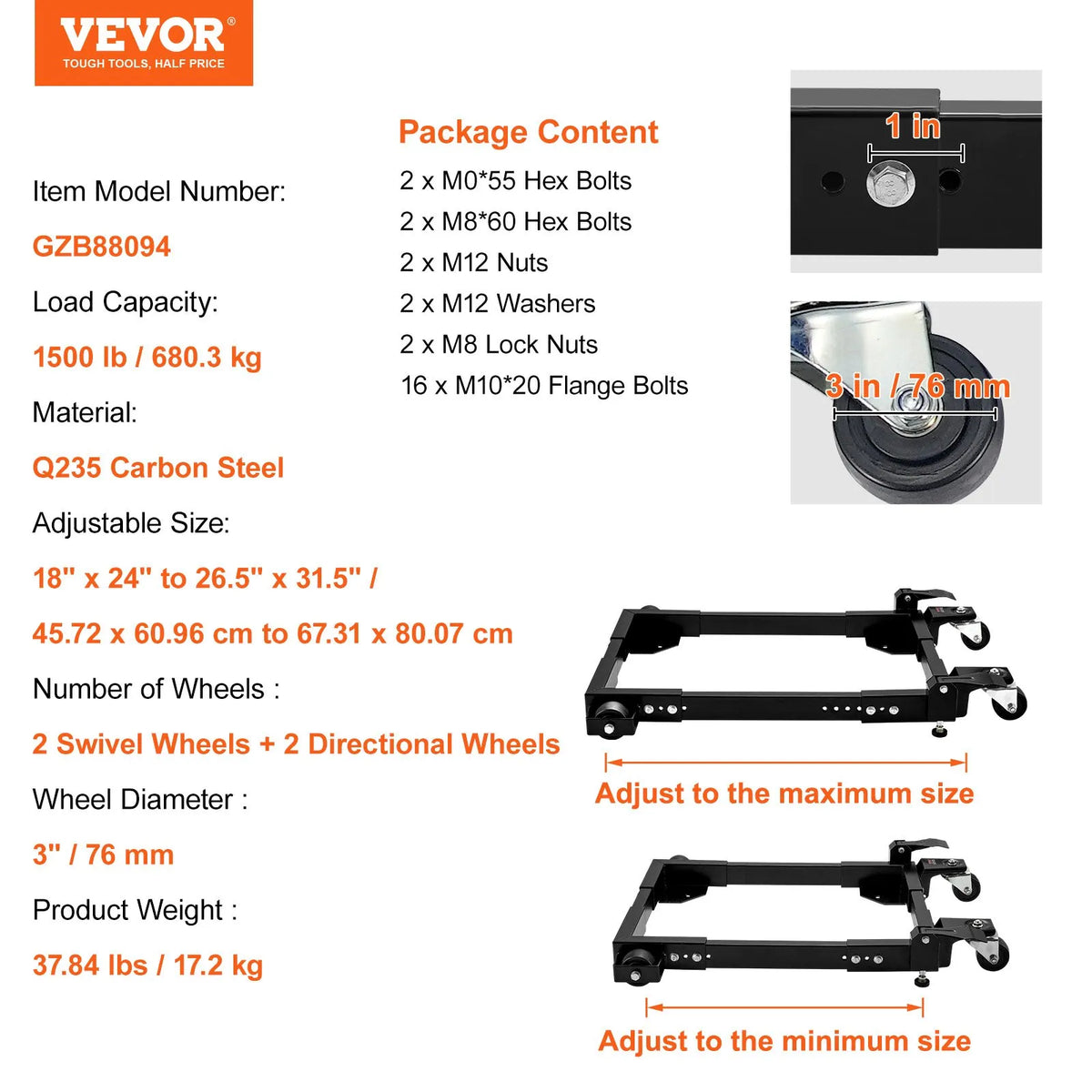 VEVOR mobilā pamatne, kravnesība 680 kg, regulējams izmērs 457 × 610 līdz 673 × 800 mm, universāla pārvietojama pamatne ar grozāmiem riteņiem, piemērota kokapstrādes iekārtām un elektroinstrumentiem - ZEMLETES.LV