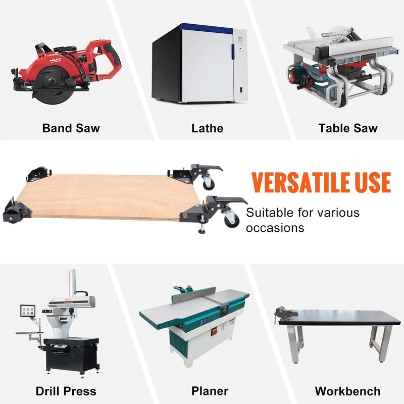VEVOR mobilā pamatne, kravnesība 181 kg, regulējams izmērs no 241 × 241 mm bez ierobežojuma, universāla pārvietojama pamatne ar grozāmiem riteņiem, piemērota kokapstrādes iekārtām un elektroinstrumentiem - ZEMLETES.LV