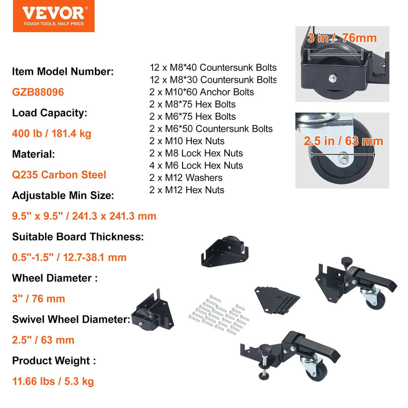 VEVOR mobilā pamatne, kravnesība 181 kg, regulējams izmērs no 241 × 241 mm bez ierobežojuma, universāla pārvietojama pamatne ar grozāmiem riteņiem, piemērota kokapstrādes iekārtām un elektroinstrumentiem - ZEMLETES.LV