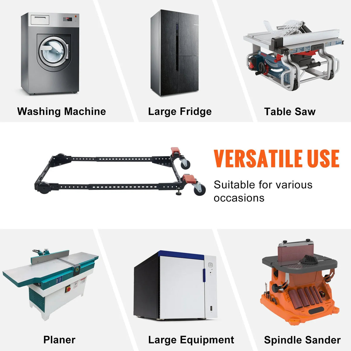 VEVOR mobilā pamatne, kravnesība 227 kg, regulējams izmērs 305 × 305 līdz 914 × 914 mm, universāla pārvietojama pamatne ar grozāmiem riteņiem, piemērota kokapstrādes iekārtām un elektroinstrumentiem - ZEMLETES.LV
