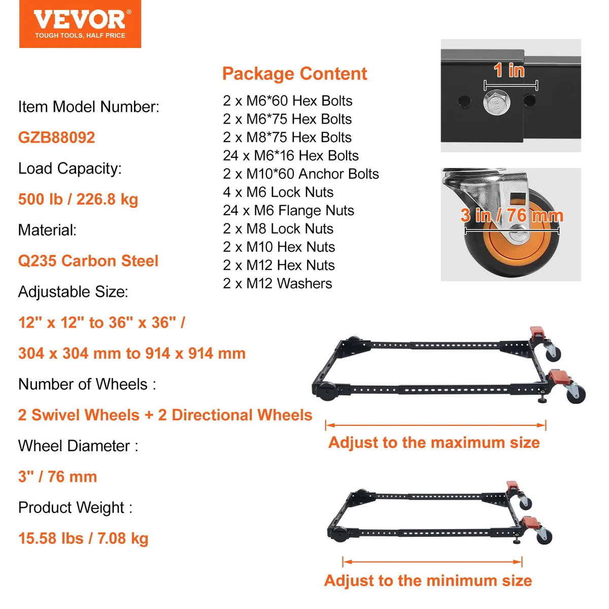 VEVOR mobilā pamatne, kravnesība 227 kg, regulējams izmērs 305 × 305 līdz 914 × 914 mm, universāla pārvietojama pamatne ar grozāmiem riteņiem, piemērota kokapstrādes iekārtām un elektroinstrumentiem - ZEMLETES.LV