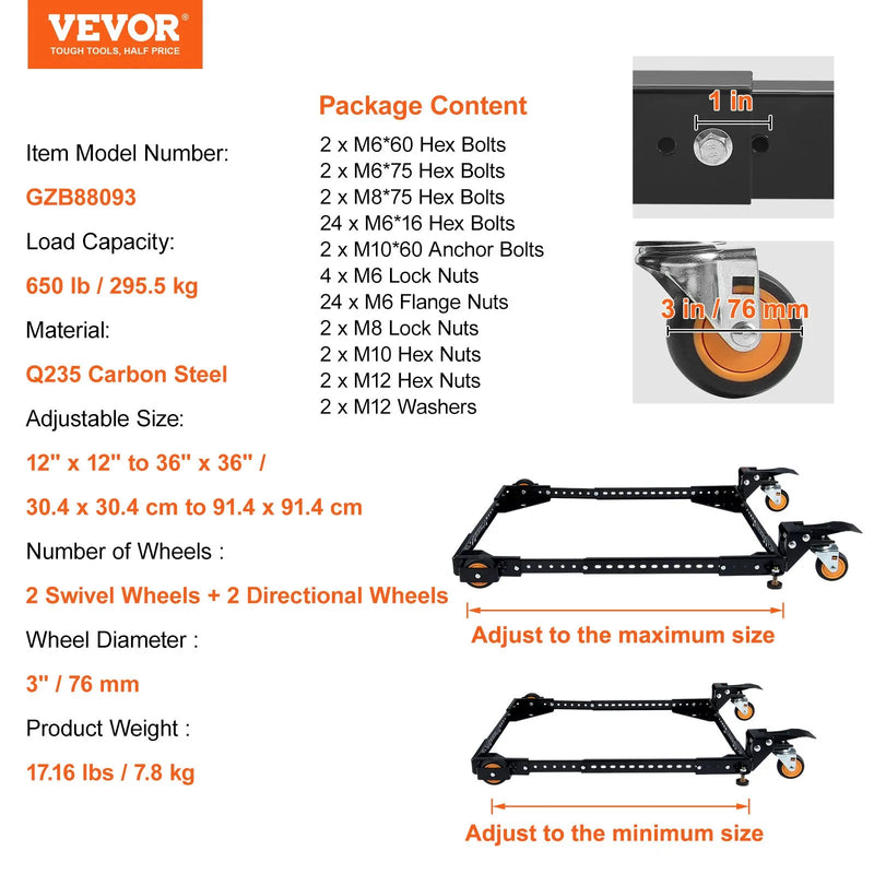 VEVOR mobilā pamatne, kravnesība 295 kg, regulējams izmērs 305 × 305 līdz 914 × 914 mm, universāla pārvietojama pamatne ar grozāmiem riteņiem, piemērota kokapstrādes iekārtām un elektroinstrumentiem - ZEMLETES.LV