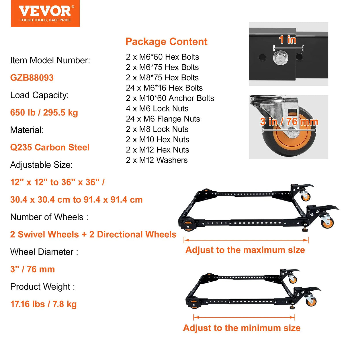 VEVOR mobilā pamatne, kravnesība 295 kg, regulējams izmērs 305 × 305 līdz 914 × 914 mm, universāla pārvietojama pamatne ar grozāmiem riteņiem, piemērota kokapstrādes iekārtām un elektroinstrumentiem - ZEMLETES.LV