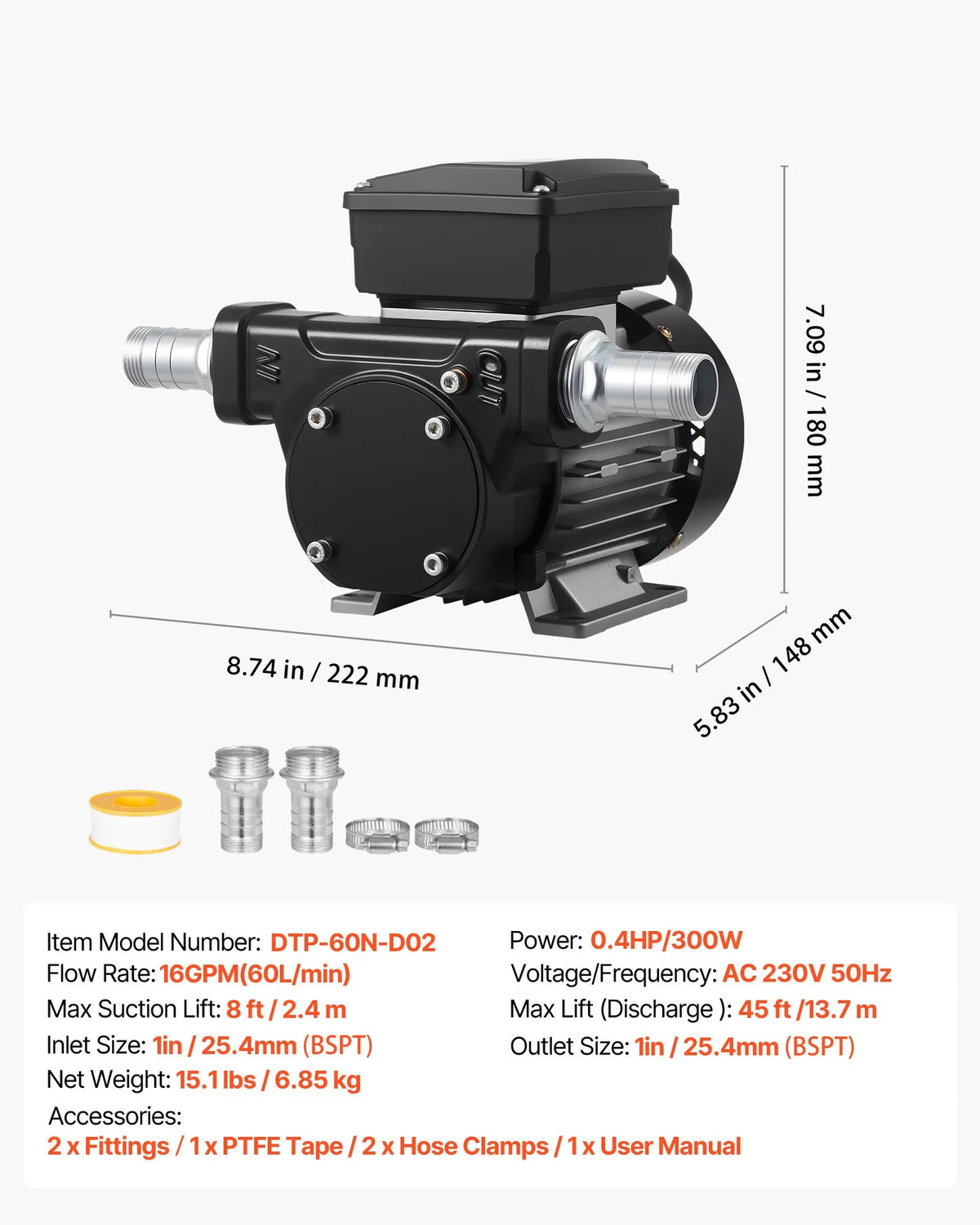 VEVOR eļļas pārsūknēšanas sūknis 230 V, 60 L/min, AC degvielas pārsūknēšanas sūknis dīzeļdegvielai, petrolejai un biodīzeļdegvielai, maks. iesūkšana 2,4 m, maks. pacelšana 13,7 m, piemērots transportlīdzekļiem, būvlaukumiem un saimniecībām - ZEMLETES.LV