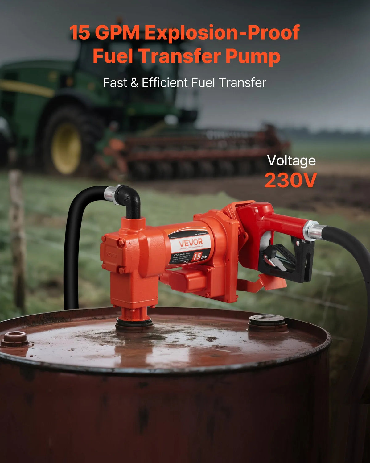VEVOR degvielas pārsūknēšanas sūknis 230 V 57 l/min ar automātisku degvielas pistoli un izplūdes šļūteni benzīnam, dīzeļdegvielai, petrolejai, biodīzeļdegvielai un etanola maisījumiem - ZEMLETES.LV
