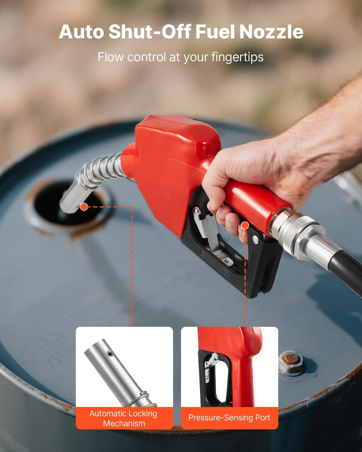 VEVOR degvielas pārsūknēšanas sūknis 230 V 57 l/min ar automātisku degvielas pistoli un izplūdes šļūteni benzīnam, dīzeļdegvielai, petrolejai, biodīzeļdegvielai un etanola maisījumiem - ZEMLETES.LV