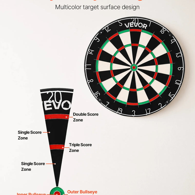 VEVOR šautriņu dēlis 450 mm, augstas kvalitātes šautriņu dēlis ar skavu brīvu bullseye centru, asmens tipa stiepli un rotējošu ciparu gredzenu, profesionāls šautriņu dēlis mājas ballītēm un spēļu istabai (šautriņas nav iekļautas)