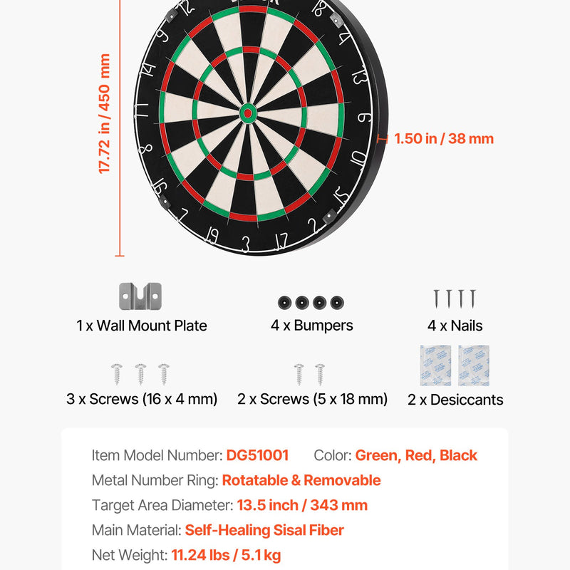 VEVOR šautriņu dēlis 450 mm, augstas kvalitātes šautriņu dēlis ar skavu brīvu bullseye centru, asmens tipa stiepli un rotējošu ciparu gredzenu, profesionāls šautriņu dēlis mājas ballītēm un spēļu istabai (šautriņas nav iekļautas)