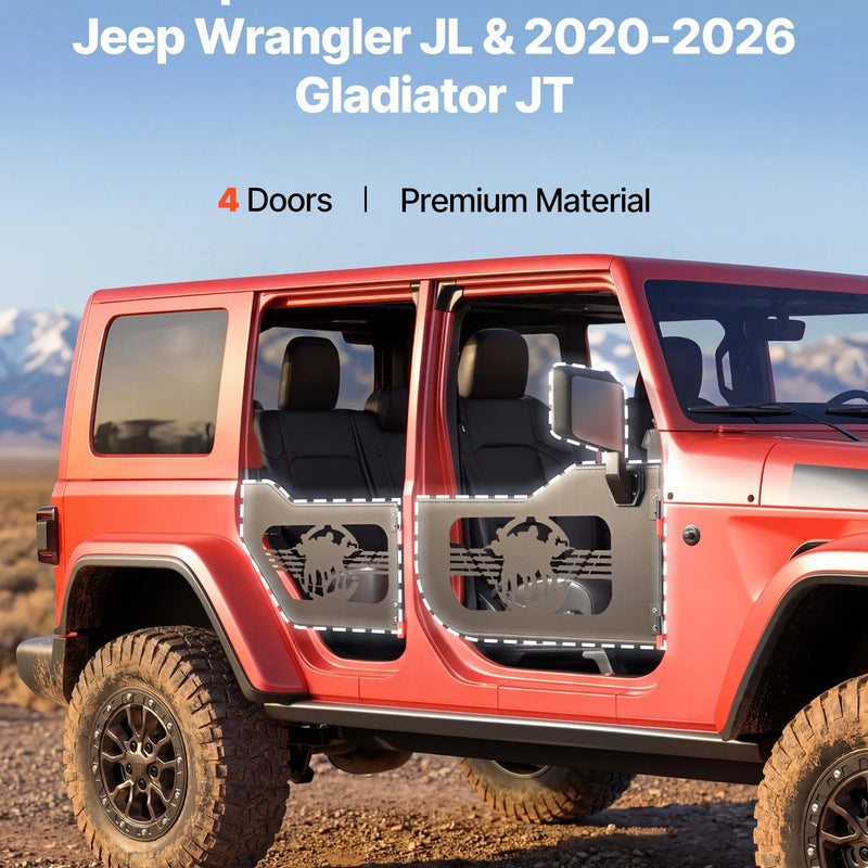 VEVOR cauruļveida pusdurvis Jeep Wrangler JL un Gladiator JT, 4 durvju modelim, Soldier stila bezceļu priekšējās un aizmugurējās durvis ar DOT sertificētiem sānskata spoguļiem un gumijas aizsargiem,2018–2026 Jeep Wrangler JL un 2020–2026 Jeep Gladiator JT
