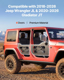 VEVOR cauruļveida pusdurvis Jeep Wrangler JL un Gladiator JT, 4 durvju modelim, Soldier stila bezceļu priekšējās un aizmugurējās durvis ar DOT sertificētiem sānskata spoguļiem un gumijas aizsargiem,2018–2026 Jeep Wrangler JL un 2020–2026 Jeep Gladiator JT