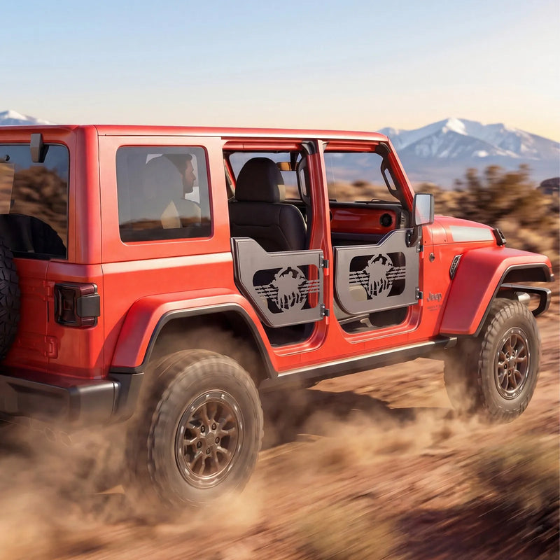 VEVOR cauruļveida pusdurvis Jeep Wrangler JL un Gladiator JT, 4 durvju modelim, Soldier stila bezceļu priekšējās un aizmugurējās durvis ar DOT sertificētiem sānskata spoguļiem un gumijas aizsargiem,2018–2026 Jeep Wrangler JL un 2020–2026 Jeep Gladiator JT