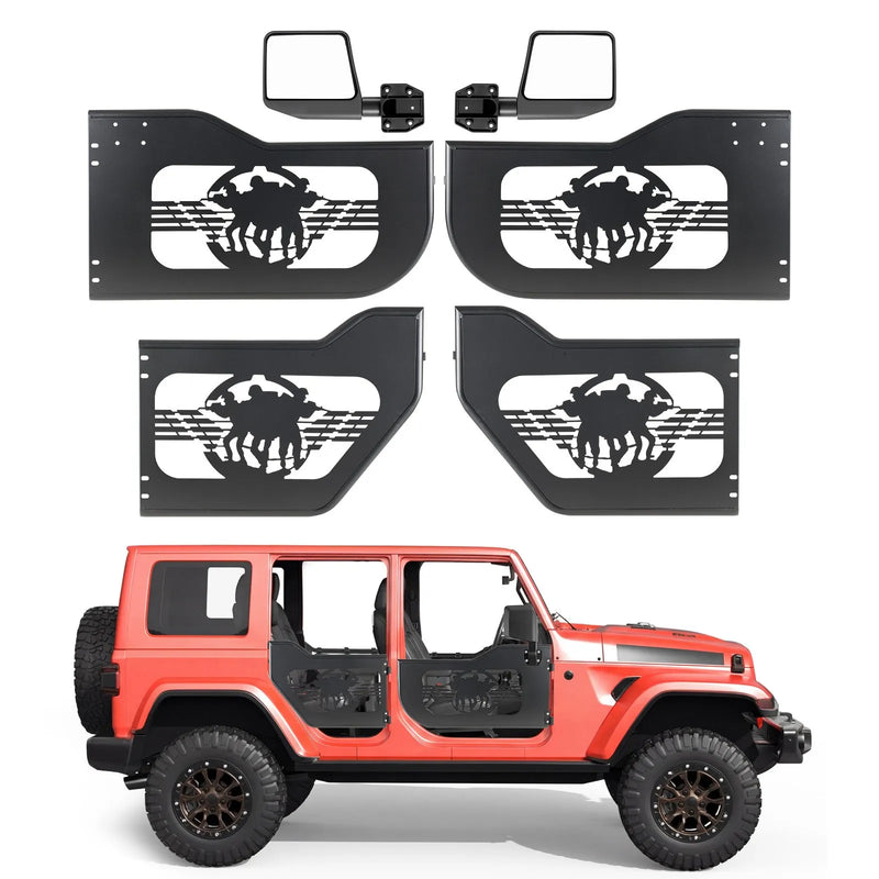 VEVOR cauruļveida pusdurvis Jeep Wrangler JL un Gladiator JT, 4 durvju modelim, Soldier stila bezceļu priekšējās un aizmugurējās durvis ar DOT sertificētiem sānskata spoguļiem un gumijas aizsargiem,2018–2026 Jeep Wrangler JL un 2020–2026 Jeep Gladiator JT