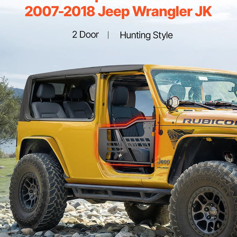 VEVOR cauruļveida durvis Jeep Wrangler JK, 2 durvju modelim, medību stila tērauda durvis ar pastiprinātām eņģēm un oriģinālā tipa slēdzeni, ar gumijas aizsargiem, piemērotas 2007–2018 Jeep Wrangler JK