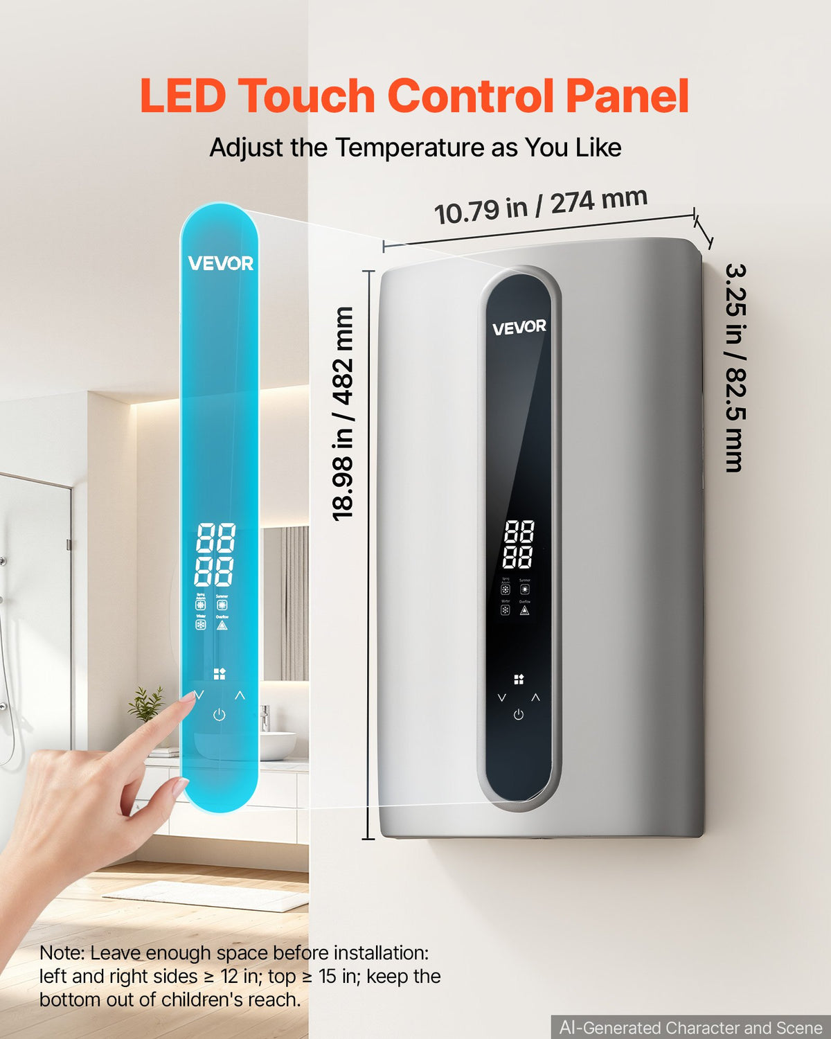 VEVOR elektriskais caurplūdes ūdens sildītājs 24 kW, 3 fāzes, regulējama jauda 18/21/24 kW, LED skārienvadība, temperatūra 30–55 °C