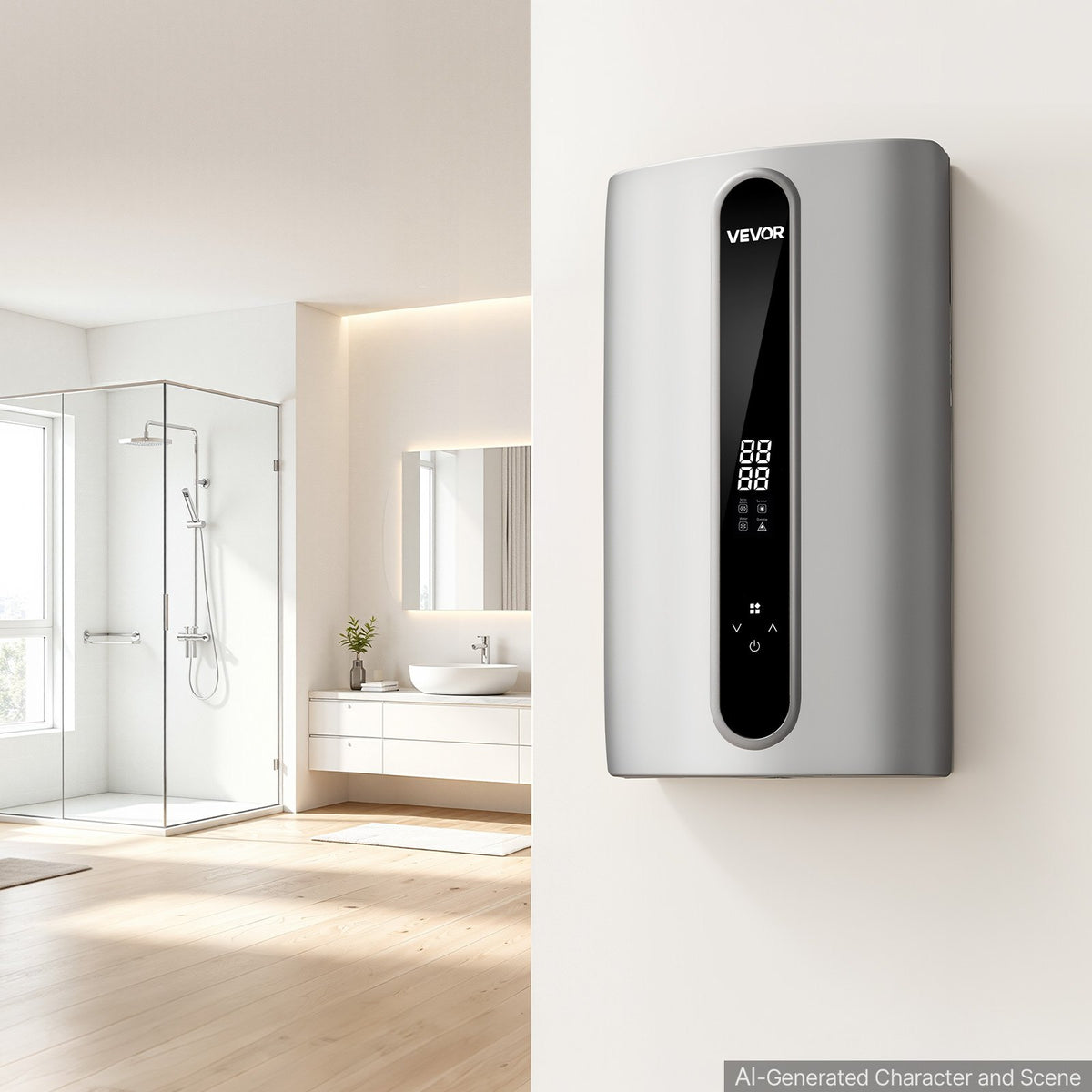 VEVOR elektriskais caurplūdes ūdens sildītājs 24 kW, 3 fāzes, regulējama jauda 18/21/24 kW, LED skārienvadība, temperatūra 30–55 °C