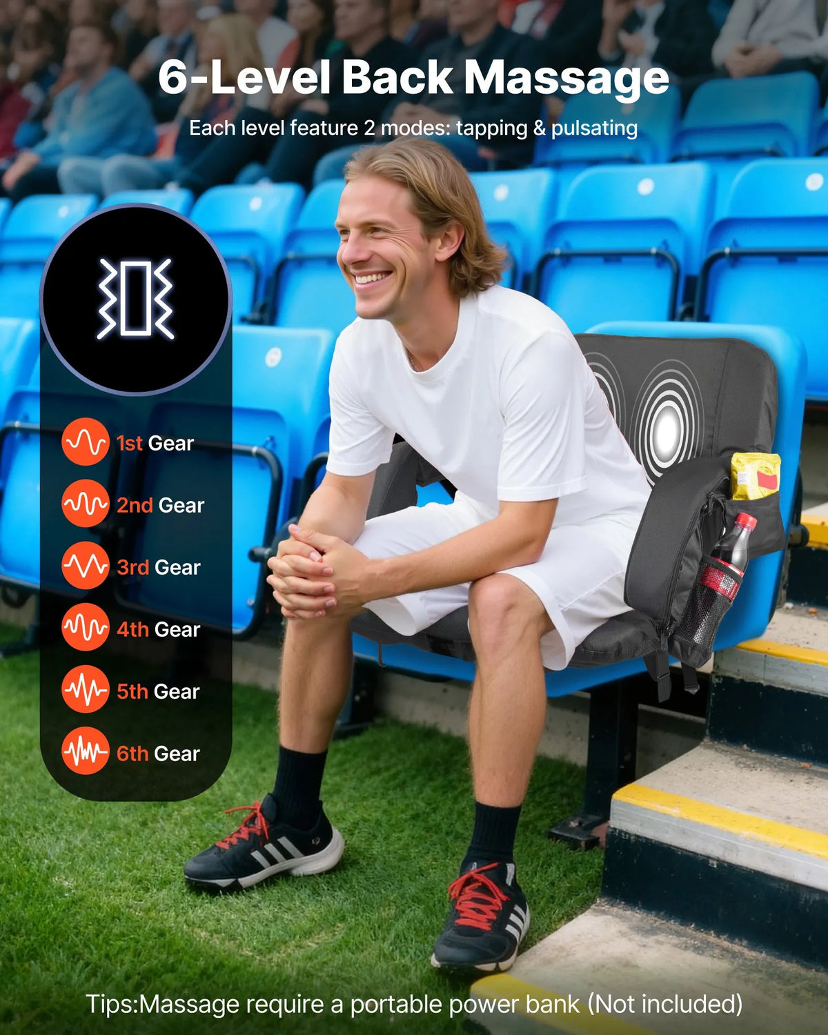VEVOR apsildāms stadiona sēdeklis 635 mm, tribīņu krēsls ar 3 līmeņu sildīšanu un 6 vibrācijas režīmiem, ar 4 kabatām, pārnēsājams sēdeklis kempingam un sporta pasākumiem - ZEMLETES.LV