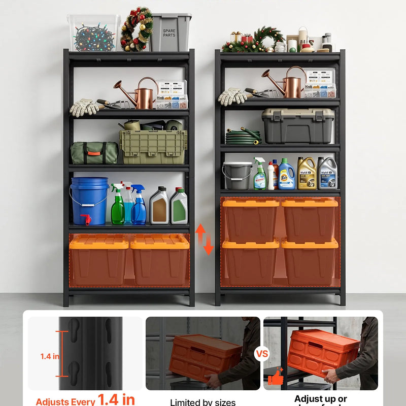 VEVOR lieljaudas 5 līmeņu regulējams metāla uzglabāšanas plaukts, kopējā kravnesība 1360,8 kg, tērauda plauktu sistēma 925 × 417 × 1813 mm, garāžai, noliktavai, pagrabam un virtuvei, melns