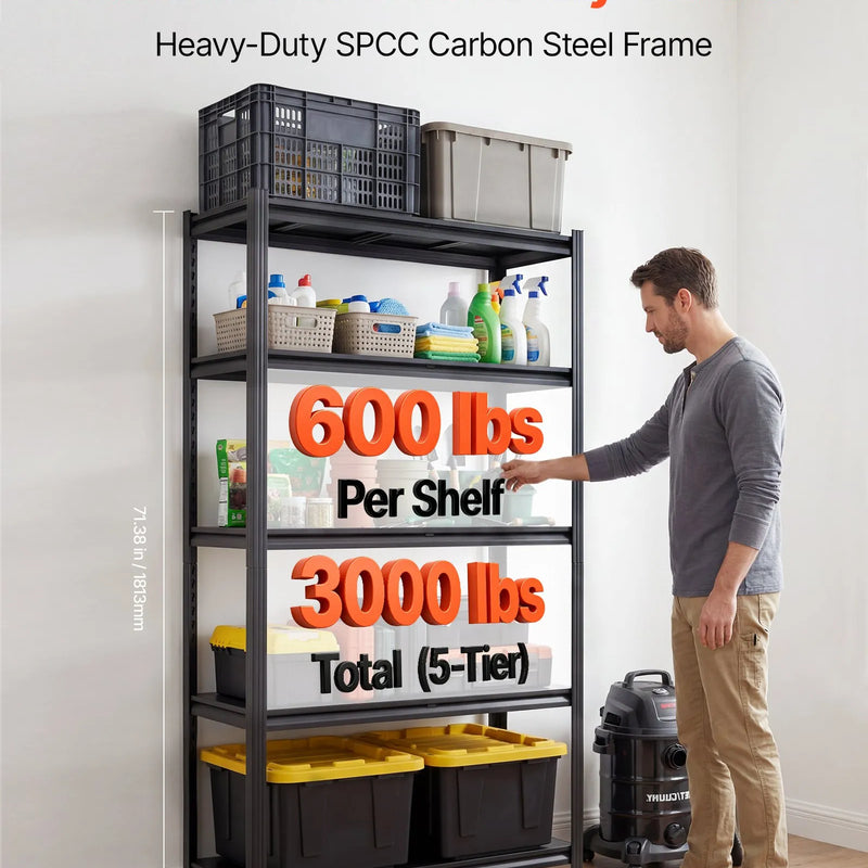 VEVOR lieljaudas 5 līmeņu regulējams metāla uzglabāšanas plaukts, kopējā kravnesība 1360,8 kg, tērauda plauktu sistēma 1030 × 465 × 1813 mm, garāžai, noliktavai, pagrabam un virtuvei