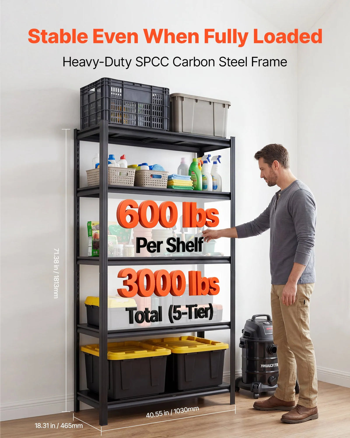 VEVOR lieljaudas 5 līmeņu regulējams metāla uzglabāšanas plaukts, kopējā kravnesība 1360,8 kg, tērauda plauktu sistēma 1030 × 465 × 1813 mm, garāžai, noliktavai, pagrabam un virtuvei
