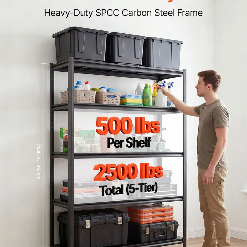 VEVOR lieljaudas metāla uzglabāšanas plaukts, 5 regulējami līmeņi, kopējā kravnesība 1134 kg, tērauda plauktu sistēma 1230 × 465 × 1813 mm, garāžai, noliktavai, pagrabam, darbnīcai un virtuvei, melns.