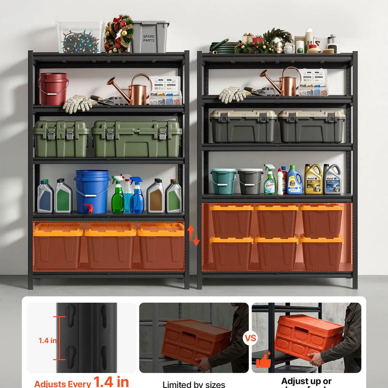 VEVOR lieljaudas metāla uzglabāšanas plaukts, 5 regulējami līmeņi, kopējā kravnesība 1134 kg, tērauda plauktu sistēma 1230 × 465 × 1813 mm, garāžai, noliktavai, pagrabam, darbnīcai un virtuvei, melns.