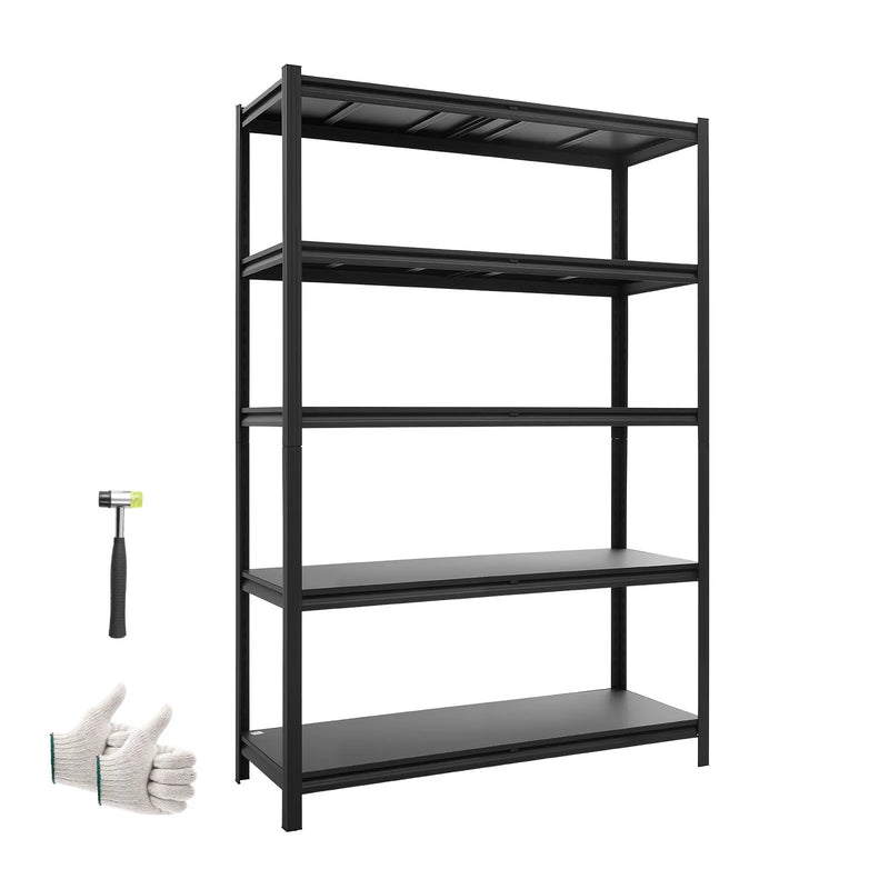 VEVOR lieljaudas metāla uzglabāšanas plaukts, 5 regulējami līmeņi, kopējā kravnesība 1134 kg, tērauda plauktu sistēma 1230 × 465 × 1813 mm, garāžai, noliktavai, pagrabam, darbnīcai un virtuvei, melns.