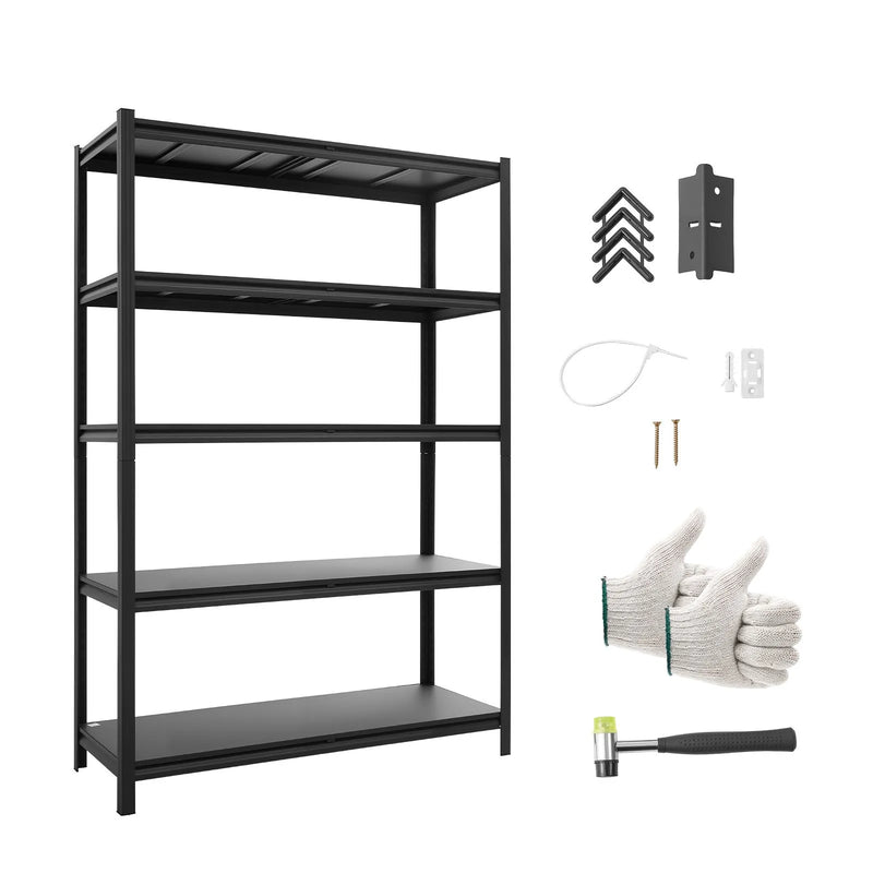 VEVOR lieljaudas metāla uzglabāšanas plaukts, 5 regulējami līmeņi, kopējā kravnesība 1134 kg, tērauda plauktu sistēma 1230 × 465 × 1813 mm, garāžai, noliktavai, pagrabam, darbnīcai un virtuvei, melns.