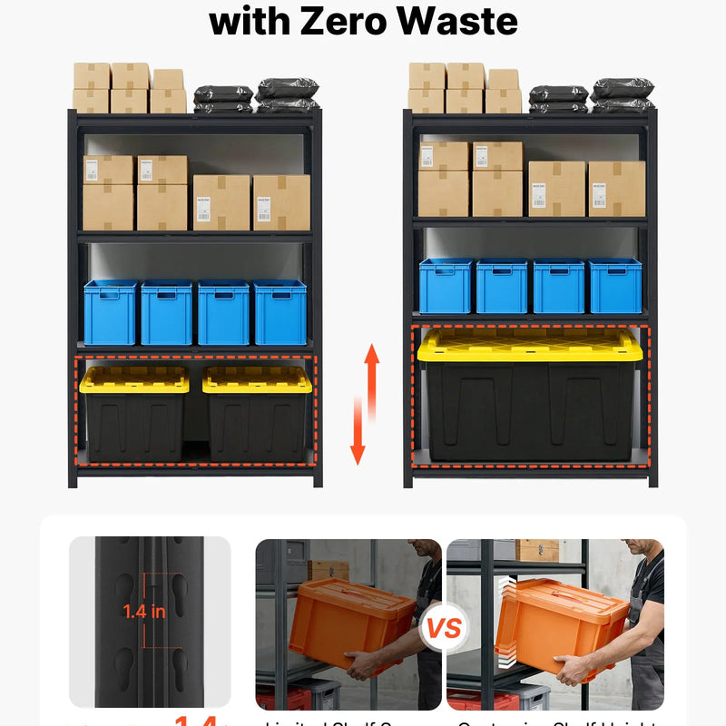 VEVOR lieljaudas 4 līmeņu regulējams metāla uzglabāšanas plaukts, kopējā kravnesība 1088,6 kg, tērauda plauktu sistēma 1030 × 522 × 1529 mm, garāžai, darbnīcai, noliktavai un pagrabam, melns