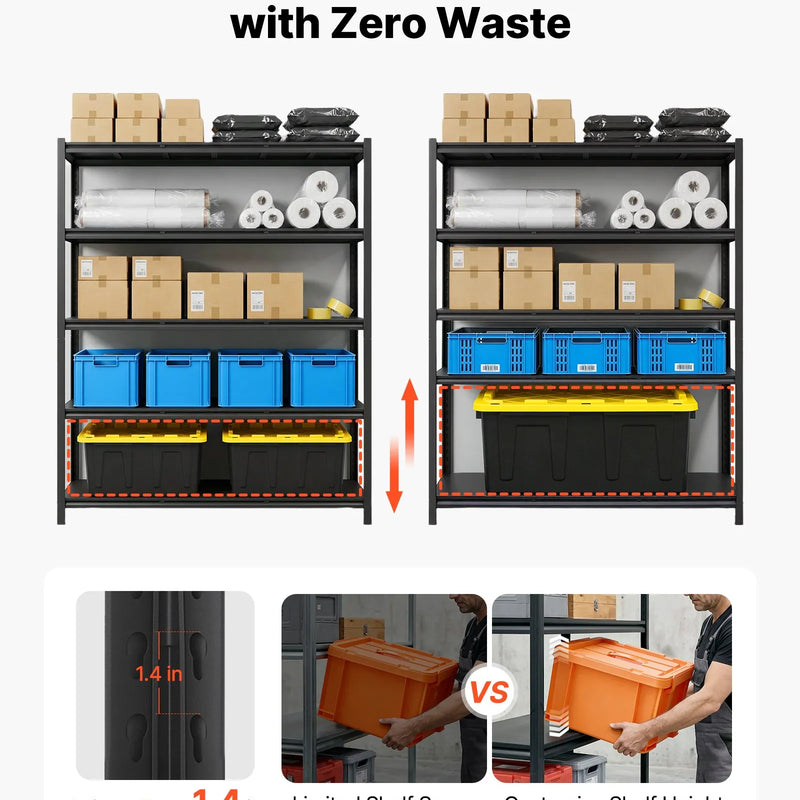 VEVOR lieljaudas 5 līmeņu regulējams metāla uzglabāšanas plaukts, kopējā kravnesība 1360,8 kg, tērauda plauktu sistēma 1511 × 522 × 1813 mm, garāžai, darbnīcai, noliktavai un pagrabam