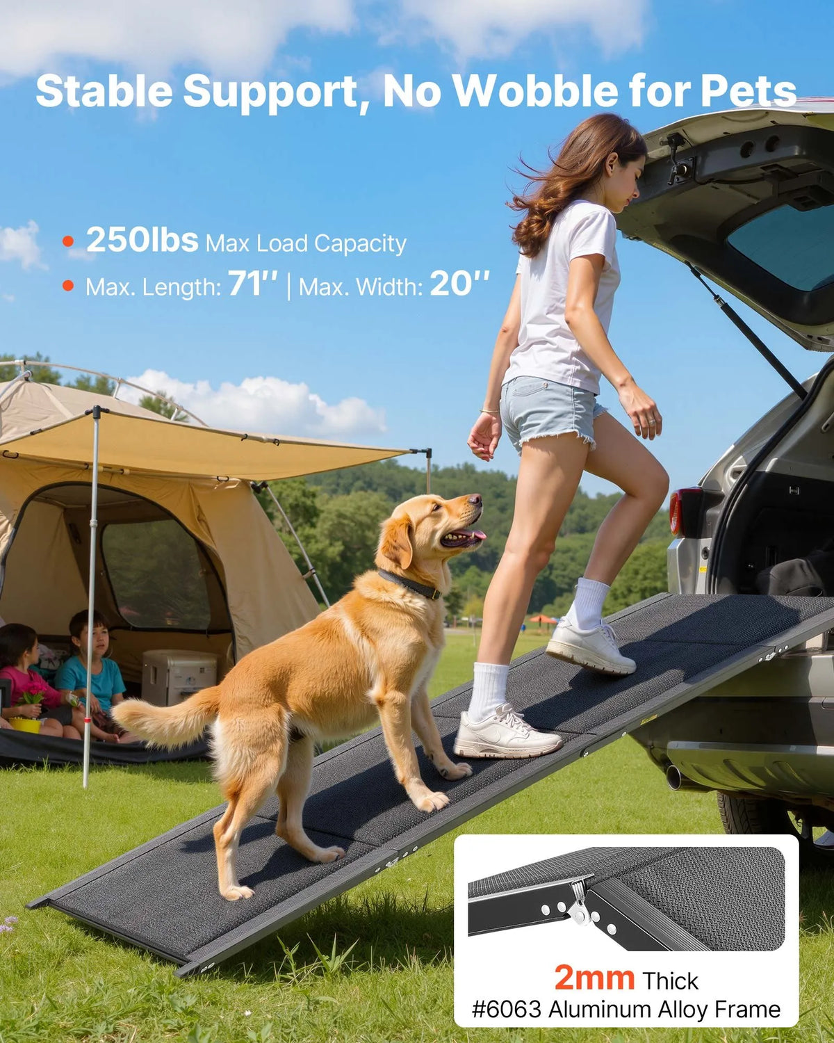 VEVOR suņu rampa automašīnām, 180 × 50,8 cm, salokāma, kravnesība līdz 113 kg, neslīdoša Oxford auduma virsma, piemērota vidējiem un lieliem suņiem, pārnēsājama, piemērota SUV un kravas automašīnām - ZEMLETES.LV