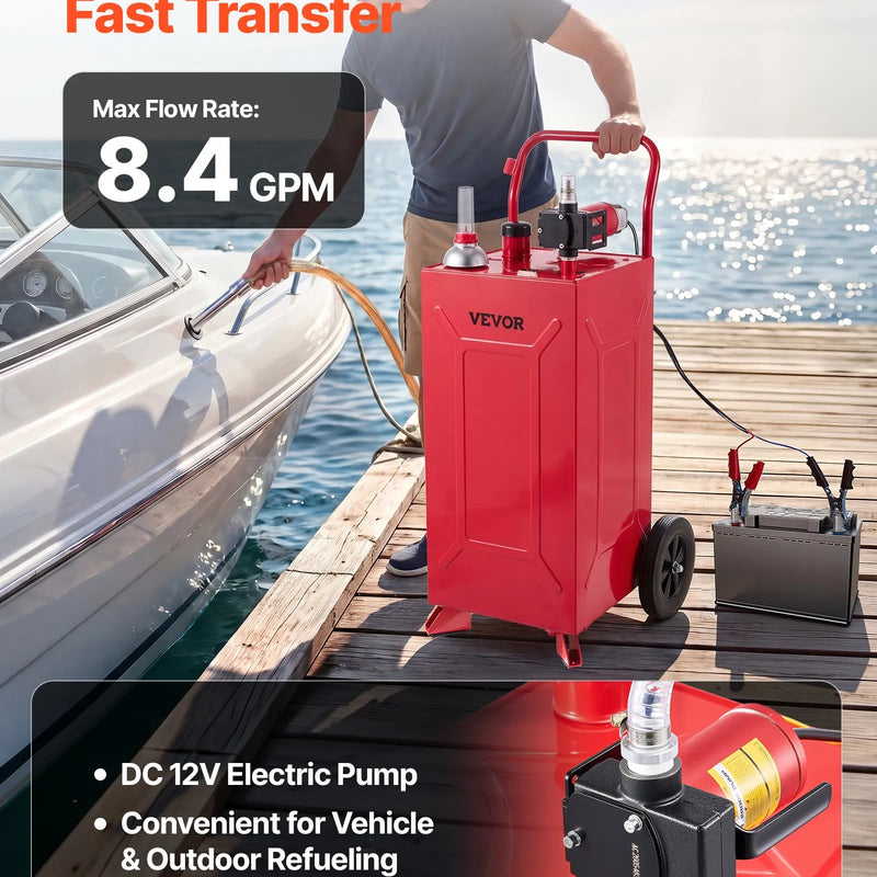 VEVOR FF-930EQ degvielas ratiņi, 113,6 l, 12 V elektriskais sūknis, līdz 32 l/min, oglekļa tērauds, 3 m šļūtene, 2 riteņi, benzīnam un dīzeļdegvielai