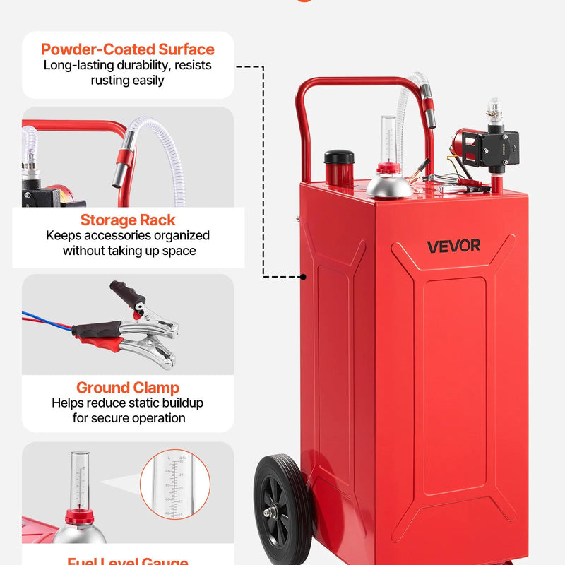 VEVOR FF-930EQ degvielas ratiņi, 113,6 l, 12 V elektriskais sūknis, līdz 32 l/min, oglekļa tērauds, 3 m šļūtene, 2 riteņi, benzīnam un dīzeļdegvielai
