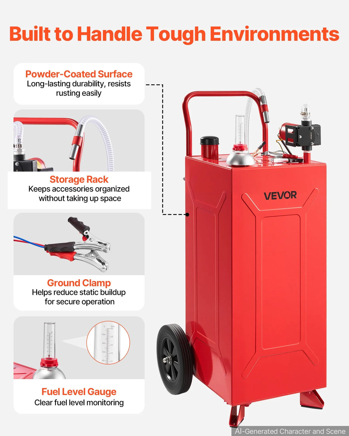 Топливная тележка VEVOR FF-930EQ, 113,6 л, электрический насос 12 В, производительность до 32 л/мин, углеродистая сталь, шланг 3 м, 2 колеса, для бензина и дизельного топлива