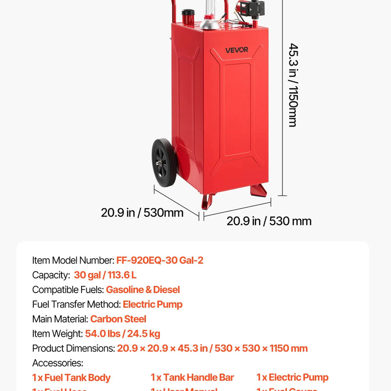 VEVOR FF-930EQ degvielas ratiņi, 113,6 l, 12 V elektriskais sūknis, līdz 32 l/min, oglekļa tērauds, 3 m šļūtene, 2 riteņi, benzīnam un dīzeļdegvielai