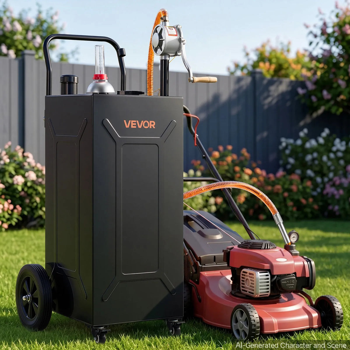 VEVOR 132,5 l pārvietojama degvielas tvertne ar manuālo sūkni un 4 riteņiem, oglekļa tērauda konstrukcija benzīnam un dīzeļdegvielai