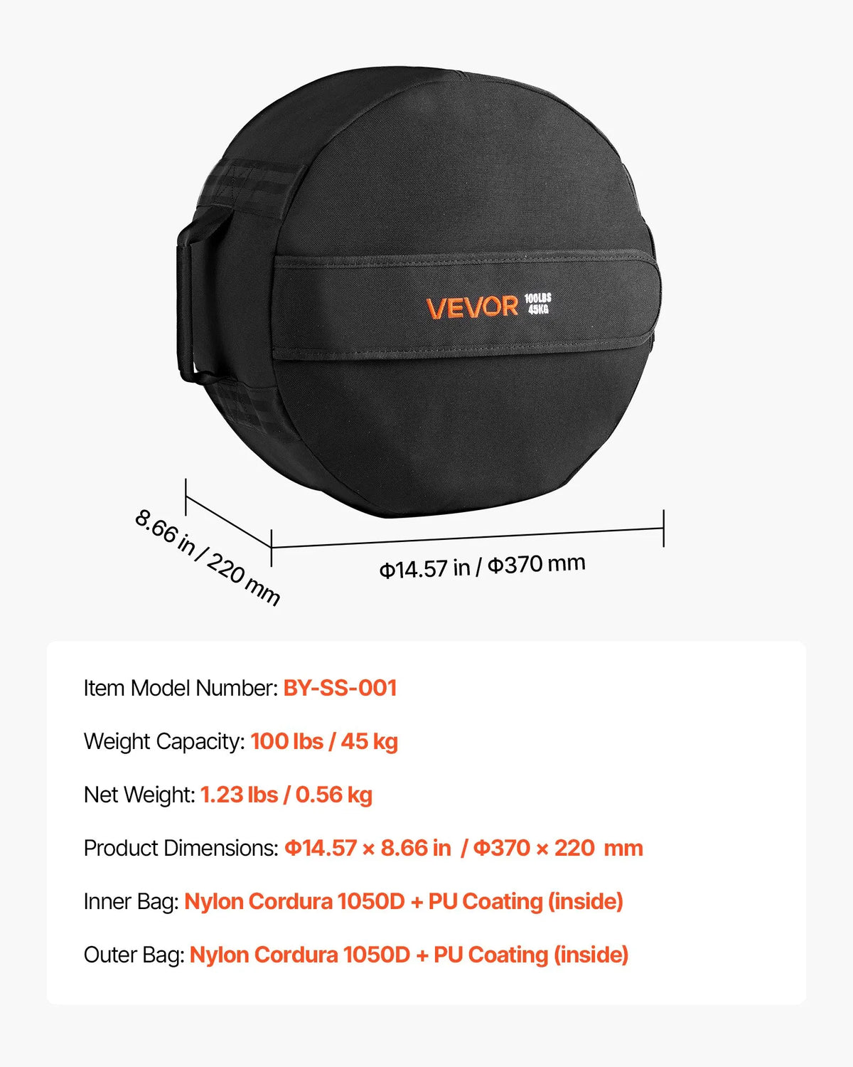 VEVOR treniņu smilšu maiss ar rokturiem, 45 kg, fitnesa un spēka treniņiem, melns (bez pildījuma) - ZEMLETES.LV