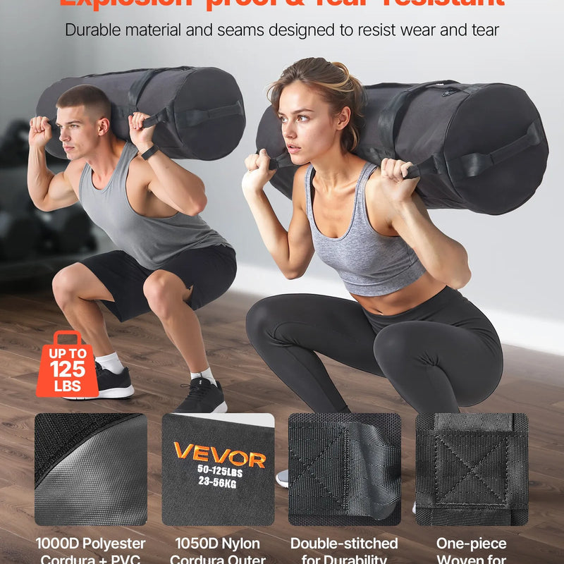 VEVOR regulējams treniņu smilšu maiss ar rokturiem, 23–56 kg, fitnesa un spēka treniņiem, melns (bez pildījuma) - ZEMLETES.LV