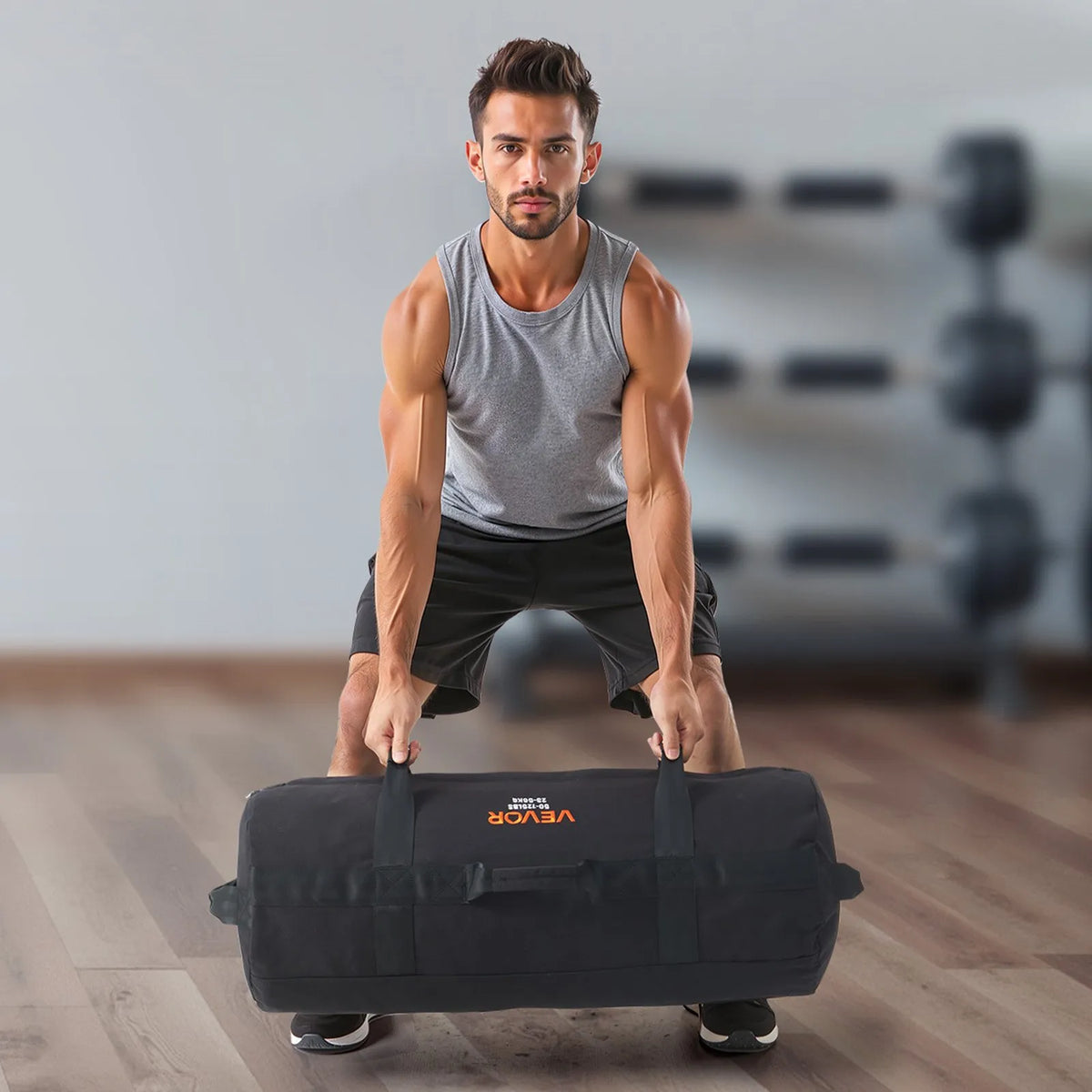 VEVOR regulējams treniņu smilšu maiss ar rokturiem, 23–56 kg, fitnesa un spēka treniņiem, melns (bez pildījuma) - ZEMLETES.LV
