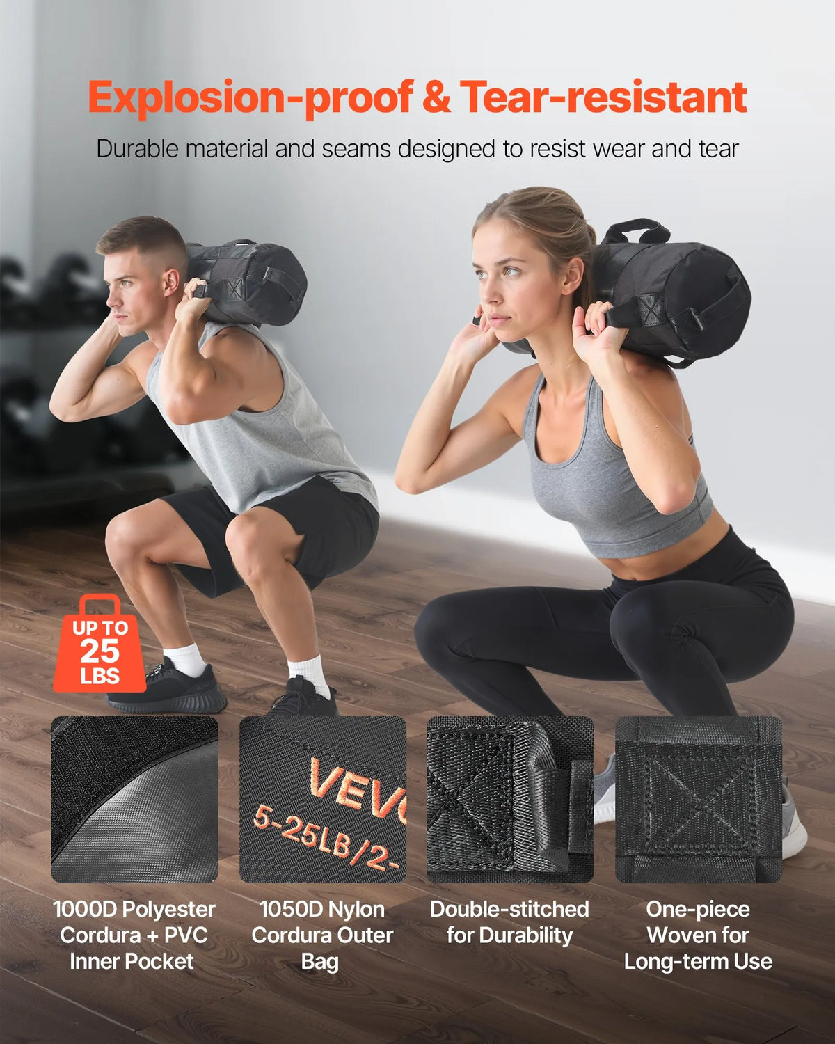 VEVOR regulējams treniņu smilšu maiss ar rokturiem, 2–11 kg, fitnesa un spēka treniņiem, melns (bez pildījuma) - ZEMLETES.LV