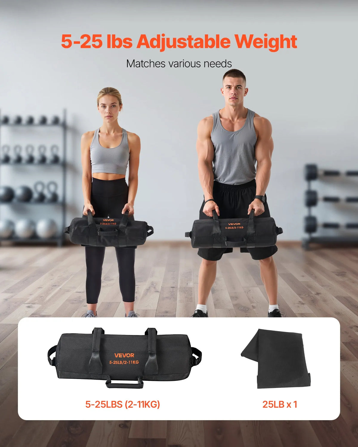 VEVOR regulējams treniņu smilšu maiss ar rokturiem, 2–11 kg, fitnesa un spēka treniņiem, melns (bez pildījuma) - ZEMLETES.LV