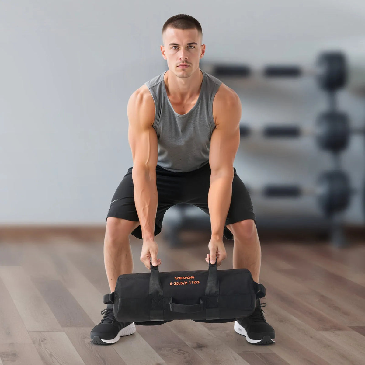 VEVOR regulējams treniņu smilšu maiss ar rokturiem, 2–11 kg, fitnesa un spēka treniņiem, melns (bez pildījuma) - ZEMLETES.LV