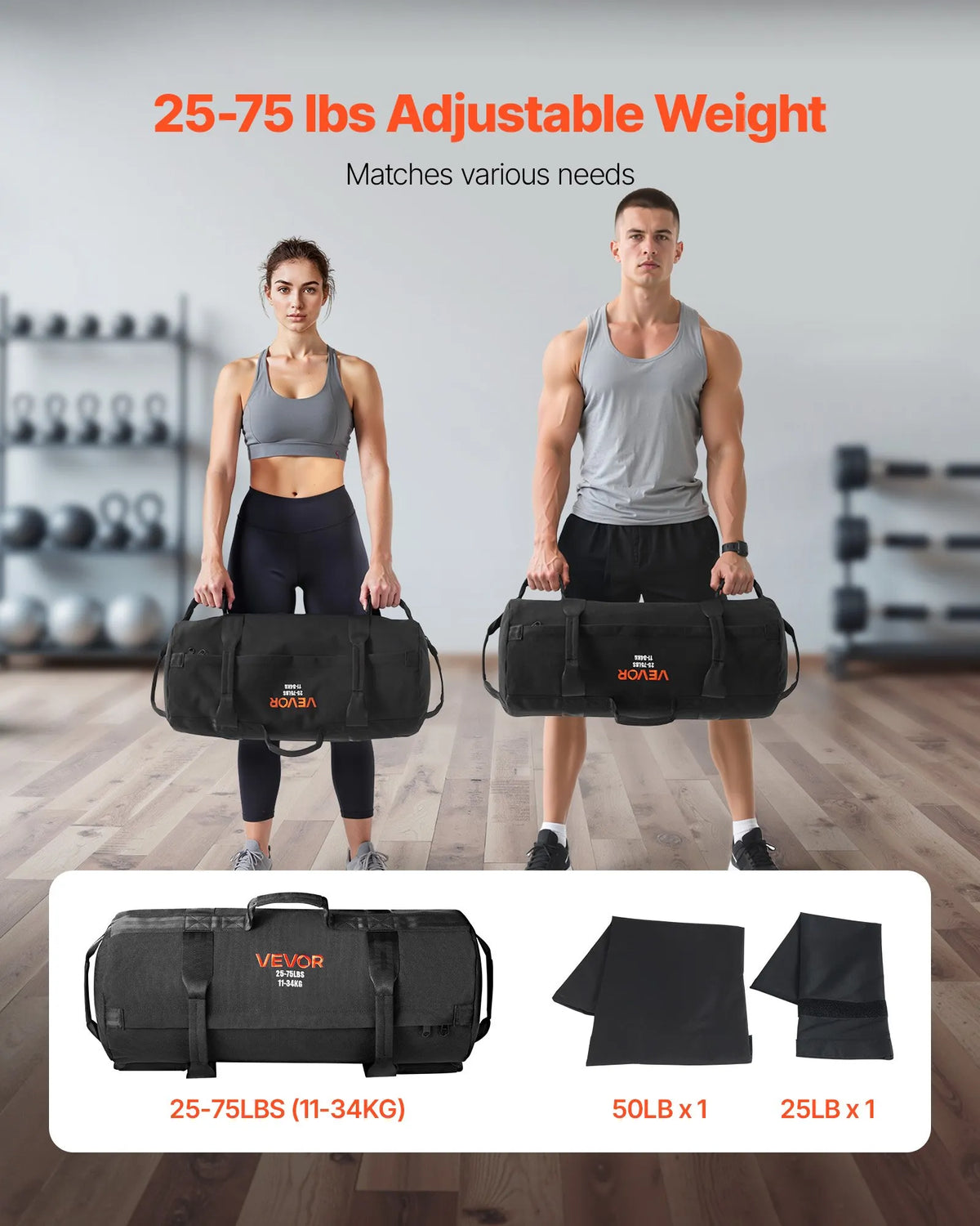 VEVOR regulējams treniņu smilšu maiss ar rokturiem, 11–34 kg, fitnesa un spēka treniņiem, melns (bez pildījuma) - ZEMLETES.LV