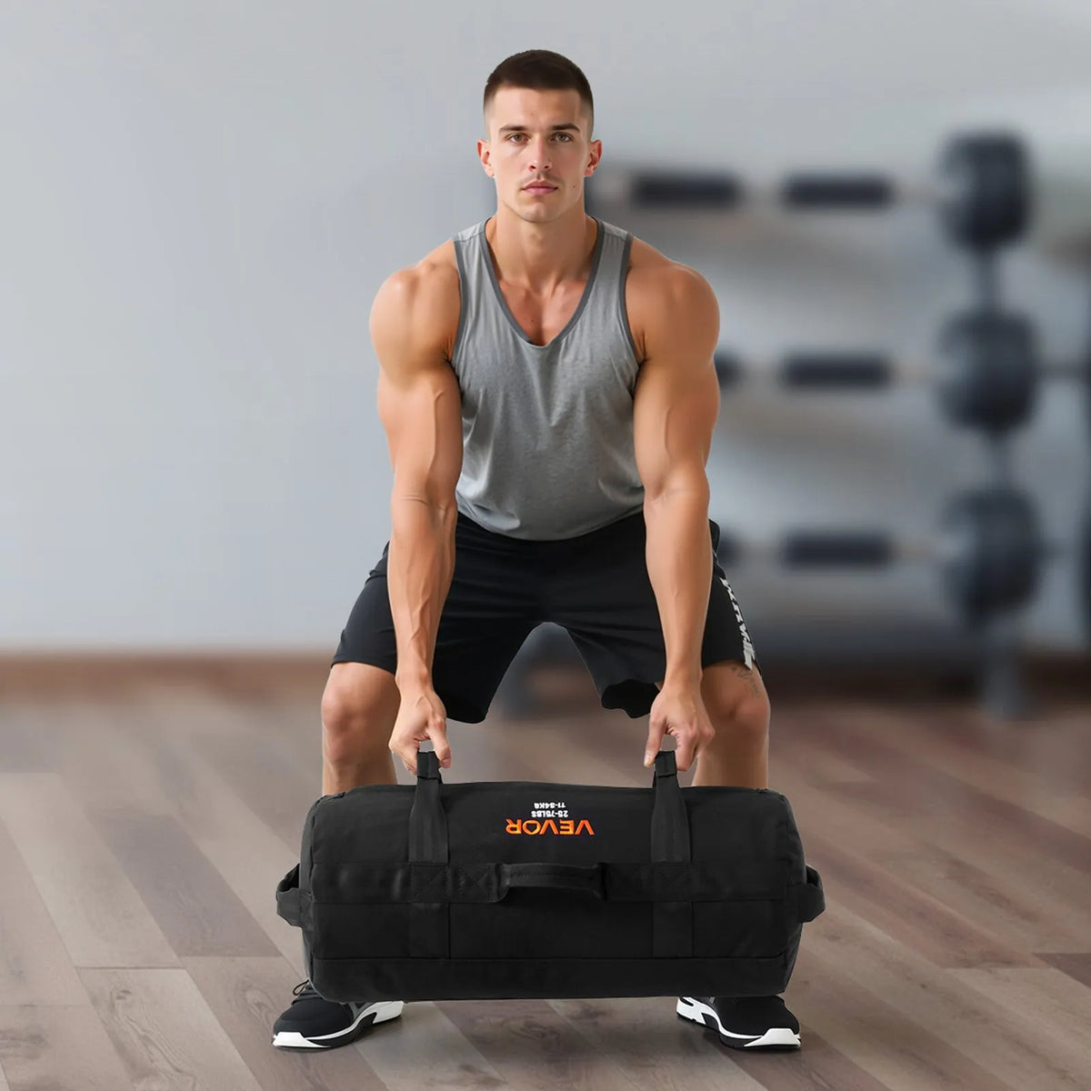 VEVOR regulējams treniņu smilšu maiss ar rokturiem, 11–34 kg, fitnesa un spēka treniņiem, melns (bez pildījuma) - ZEMLETES.LV