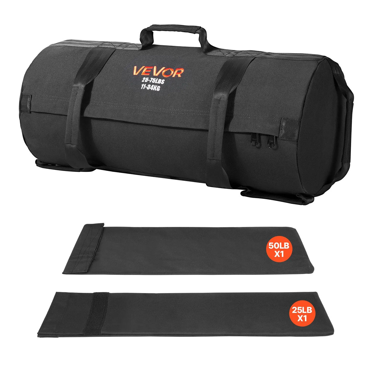 VEVOR regulējams treniņu smilšu maiss ar rokturiem, 11–34 kg, fitnesa un spēka treniņiem, melns (bez pildījuma) - ZEMLETES.LV