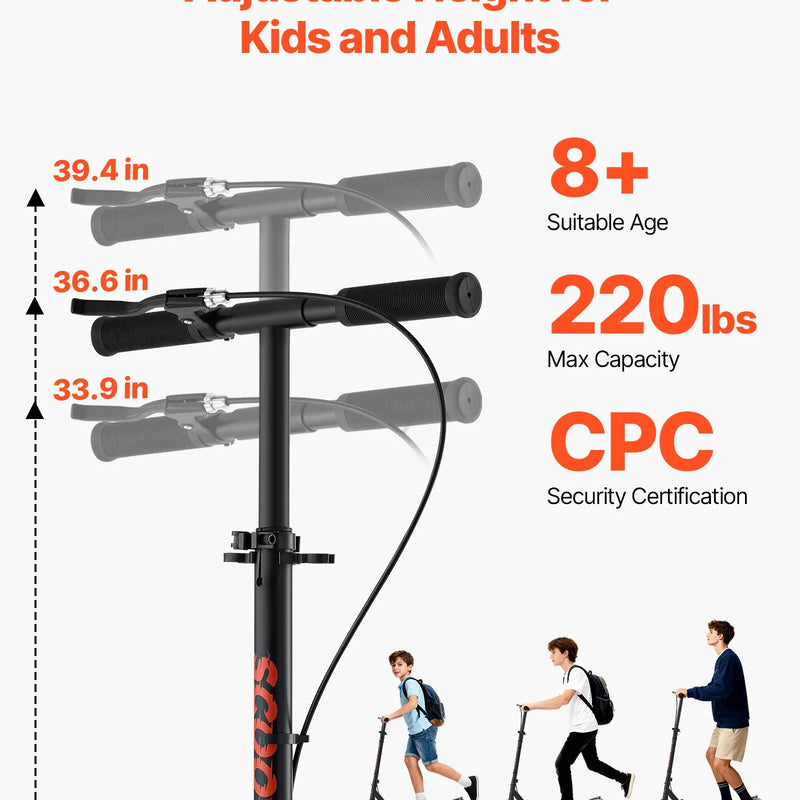 VEVOR divriteņu skrejritenis bērniem no 8 gadu vecuma, pusaudžiem un pieaugušajiem ar regulējamu stūres augstumu, platu pretslīdes platformu, salokāmu un vieglu rāmi, kravnesība līdz 99,8 kg, melns