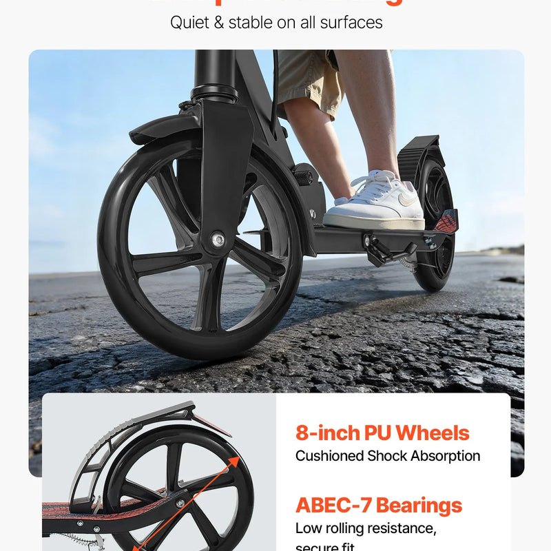 VEVOR divriteņu skrejritenis bērniem no 8 gadu vecuma, pusaudžiem un pieaugušajiem ar regulējamu stūres augstumu, platu pretslīdes platformu, salokāmu un vieglu rāmi, kravnesība līdz 99,8 kg, melns