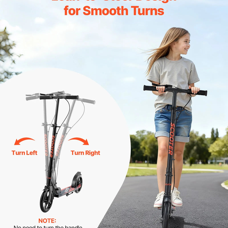 VEVOR divriteņu skrejritenis bērniem no 8 gadu vecuma, pusaudžiem un pieaugušajiem ar regulējamu stūres augstumu, platu pretslīdes platformu, salokāmu un vieglu rāmi, kravnesība līdz 99,8 kg, melns