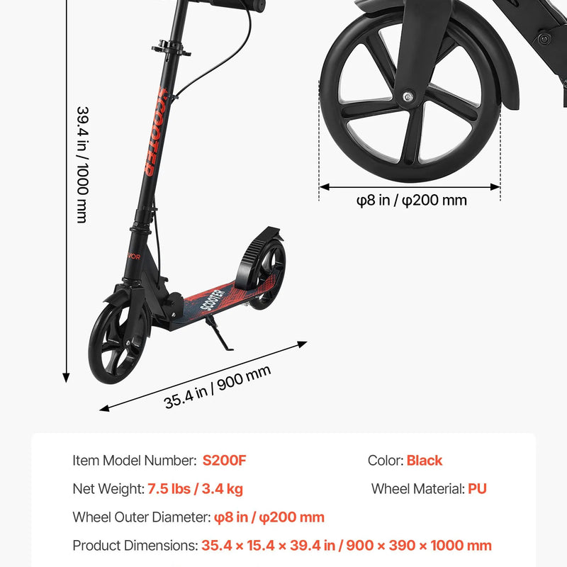 VEVOR divriteņu skrejritenis bērniem no 8 gadu vecuma, pusaudžiem un pieaugušajiem ar regulējamu stūres augstumu, platu pretslīdes platformu, salokāmu un vieglu rāmi, kravnesība līdz 99,8 kg, melns