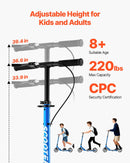 VEVOR divriteņu skrejritenis bērniem no 8 gadu vecuma, pusaudžiem un pieaugušajiem ar regulējamu stūres augstumu, platu pretslīdes platformu, salokāms un viegls, kravnesība līdz 99,8 kg, melns/zils
