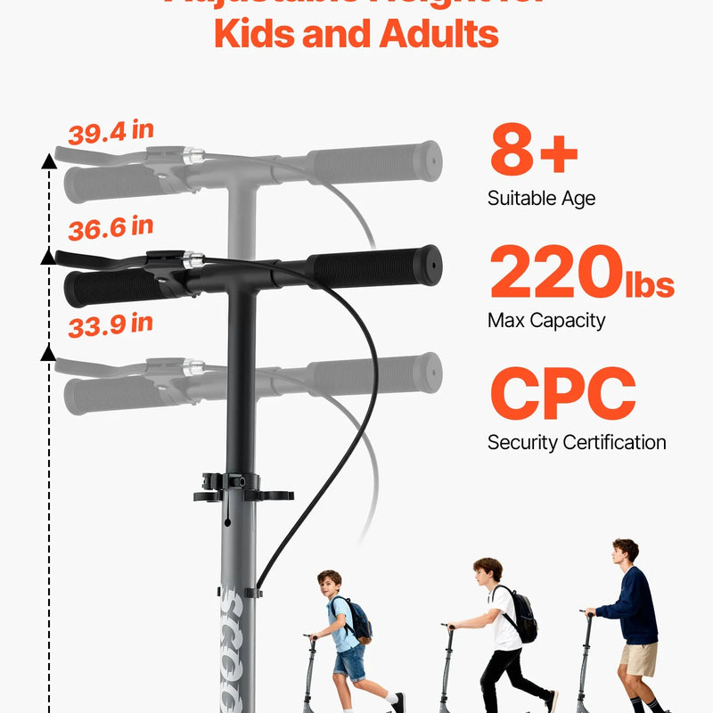 VEVOR divriteņu skrejritenis bērniem no 8 gadu vecuma, pusaudžiem un pieaugušajiem ar regulējamu stūres augstumu, platu pretslīdes platformu, salokāmu un vieglu rāmi, kravnesība līdz 99,8 kg, pelēks
